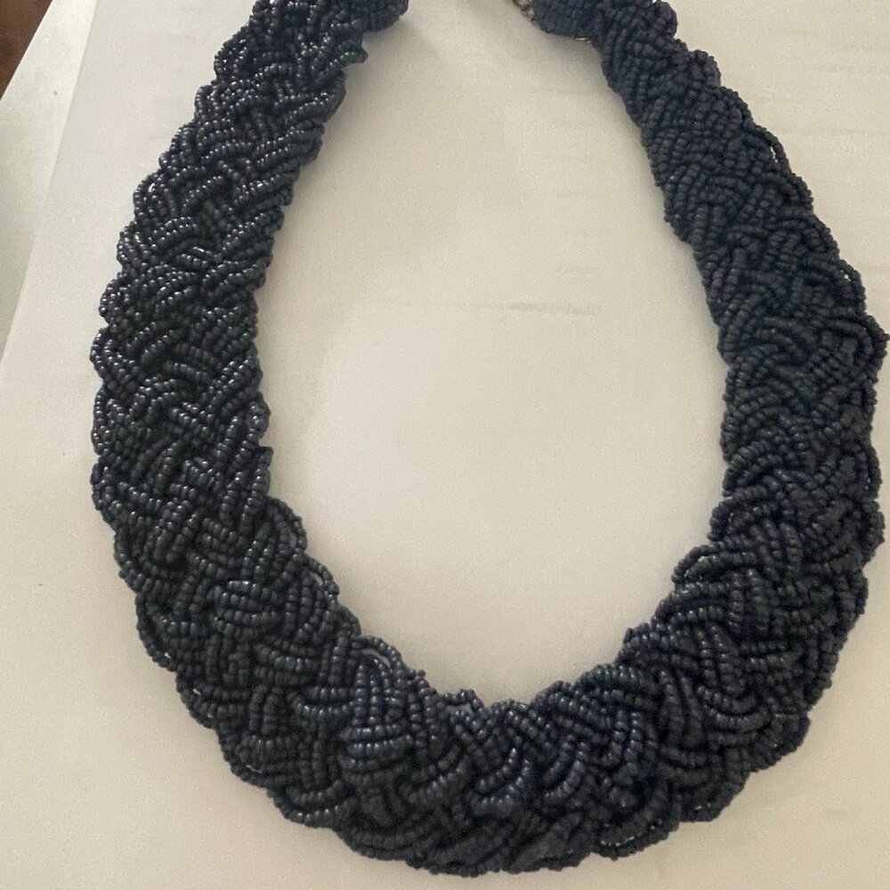 Necklace -Beaded Collar Style Flat Navy Blue